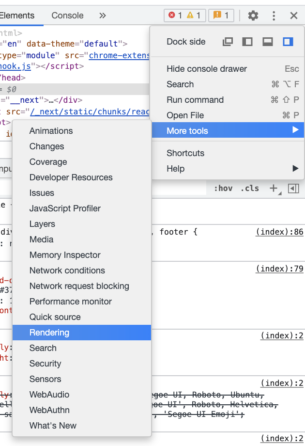 The chrome dev tools dropdown menu, showing More Tools selected (which opens a submenu) and then Rendering highlighted in the submenu