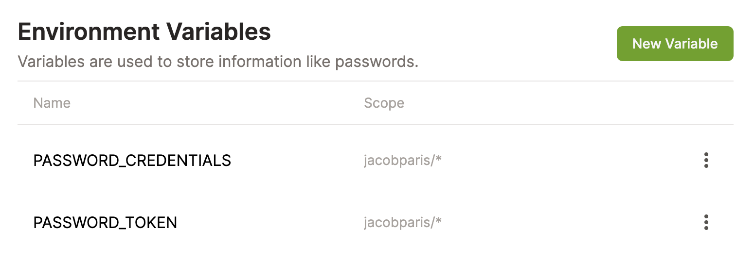 Gitpod environment variables dashboard, contains 2 items. Item 1: name PASSWORD_CREDENTIALS with scope jacobparis. Item 2: name PASSWORD_TOKEN with scope jacobparis